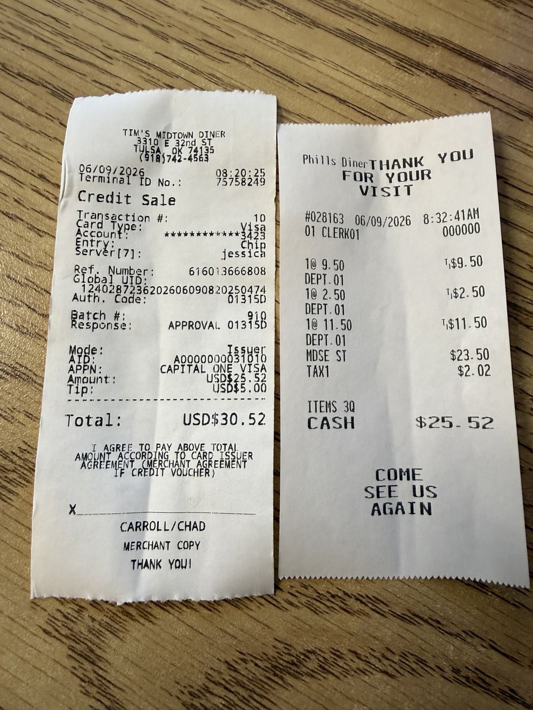 Receipt from Phills Diner